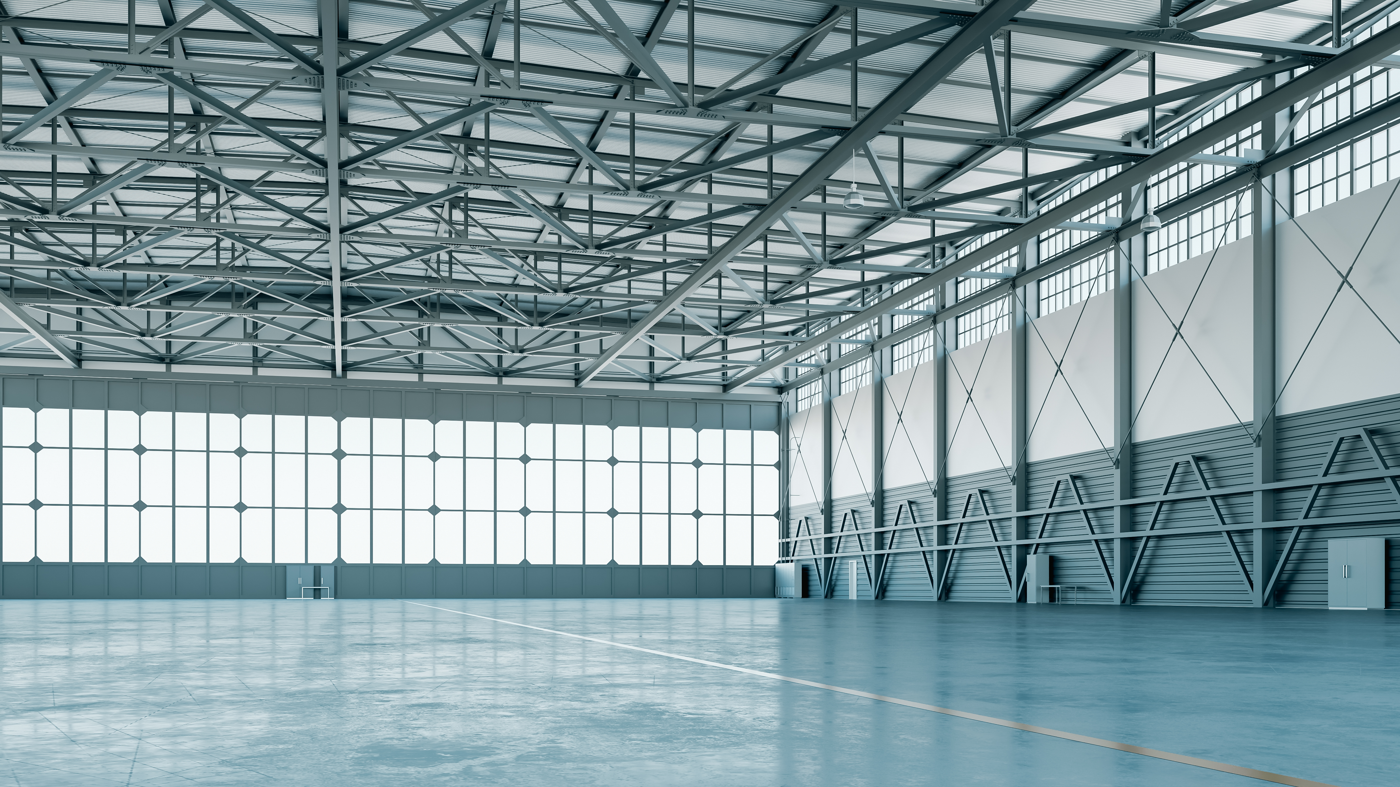 Finished warehouse interior with clear span structure
